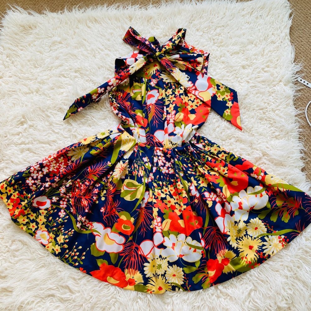 Vintage Lord Taylor Dress Women 8‎ 60s Floral Sleeveless Neck Tie Scarf Bow MCM